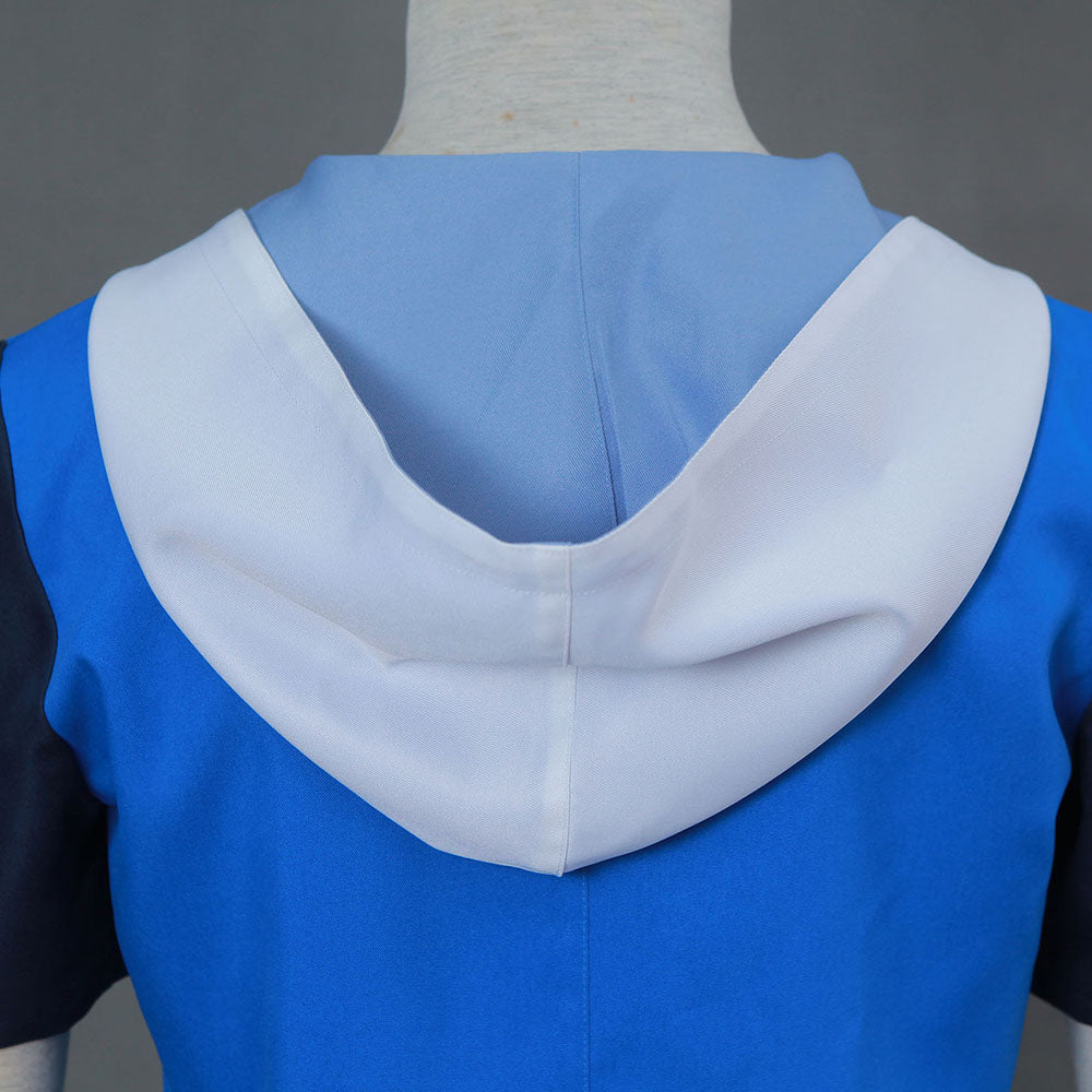 Men and Kids Anime Pokemon Costume Trainer Ash Ketchum Short Sleeves Cosplay Suit with Hat
