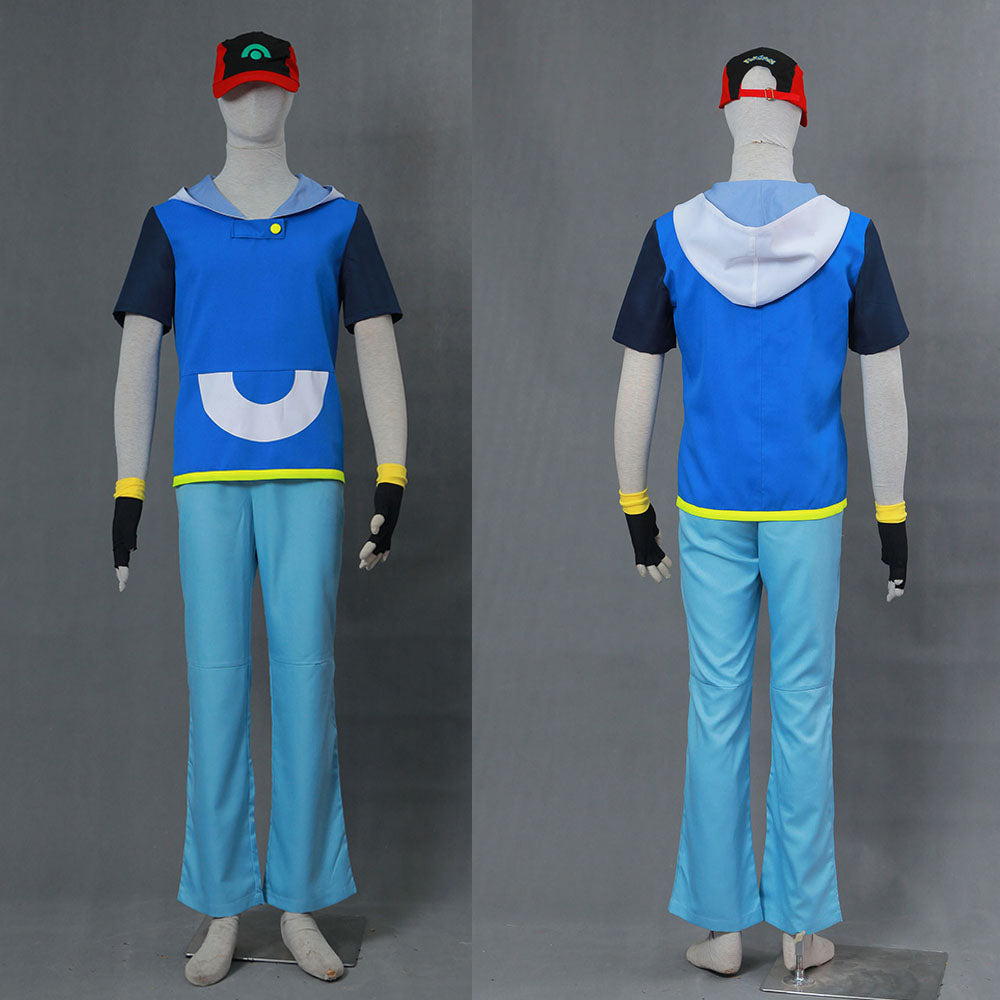 Men and Kids Anime Pokemon Costume Trainer Ash Ketchum Short Sleeves Cosplay Suit with Hat