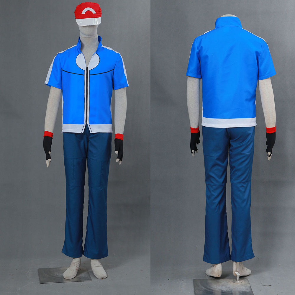 Men and Kids Anime Pokemon Costume Trainer Ash Ketchum Short Sleeves Cosplay Suit with Accessories
