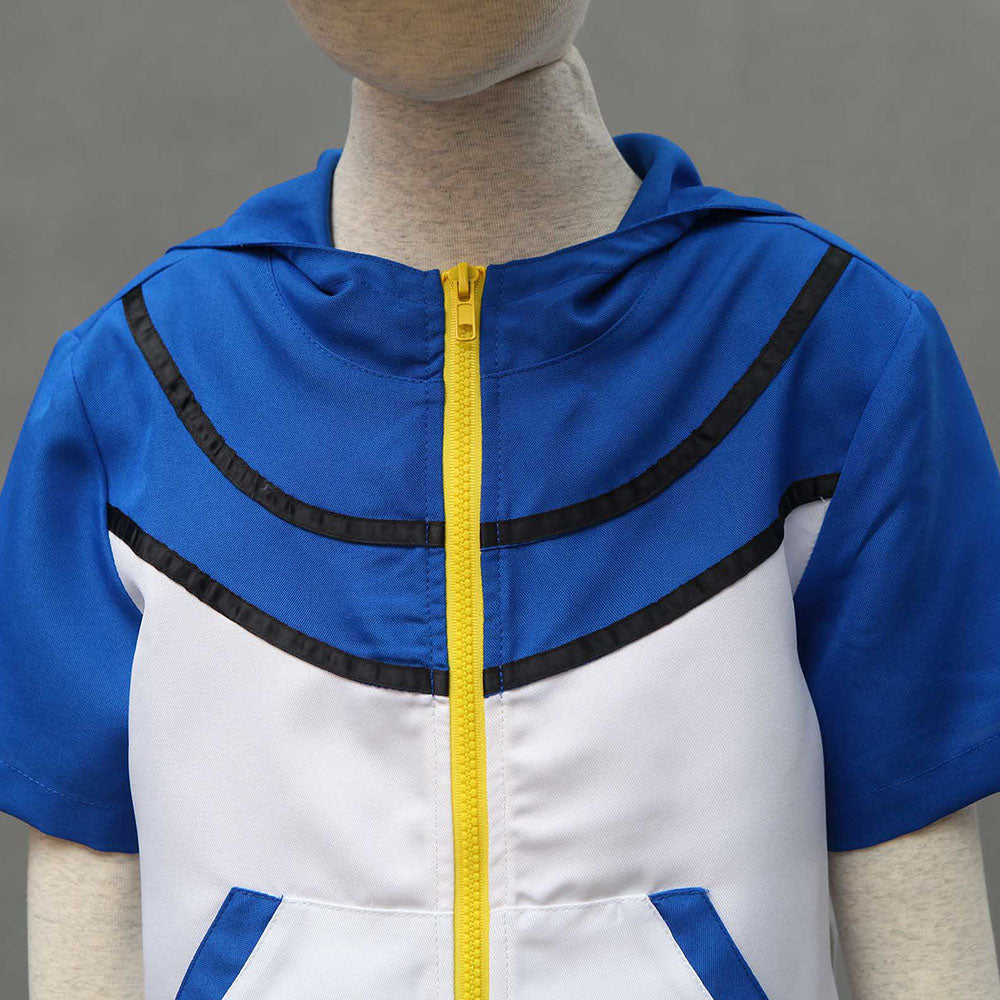 Men and Kids Anime Pokemon Costume Trainer Ash Ketchum Short Sleeves Cosplay Suit with Accessories