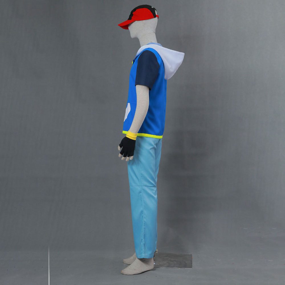 Men and Kids Anime Pokemon Costume Trainer Ash Ketchum Short Sleeves Cosplay Suit with Hat