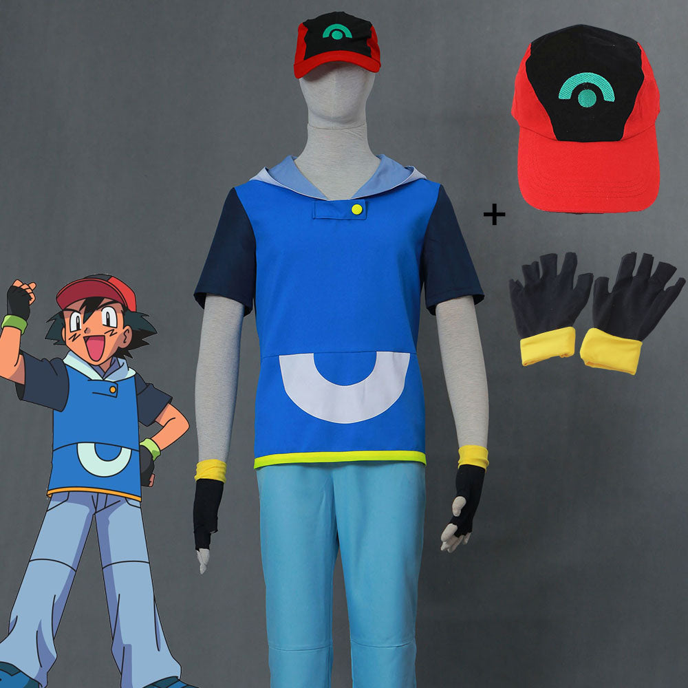 Men and Kids Anime Pokemon Costume Trainer Ash Ketchum Short Sleeves Cosplay Suit with Hat