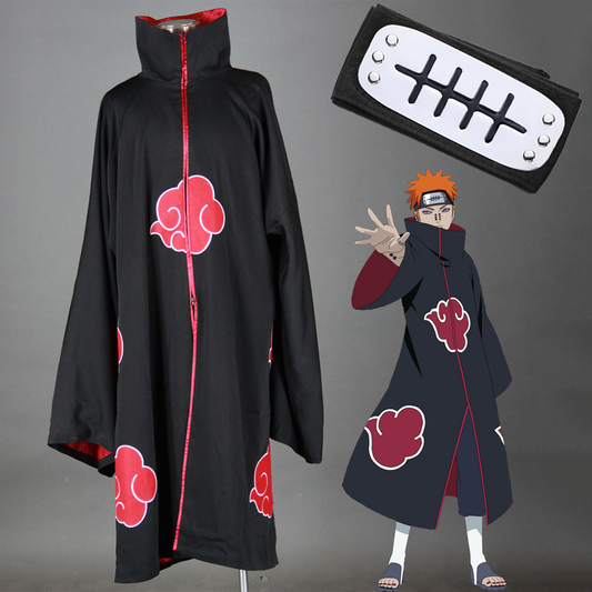 Anime Naruto Shippuden Costume Akatsuki Cloak Pain Cosplay Robe with Headband Men Kids Halloween