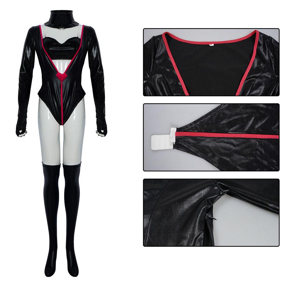 Hazbin Hotel Angel Dust Cosplay Costume Black Leather Jumpsuit Outfit for Women Halloween