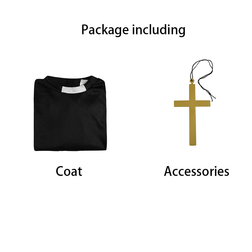 Halloween Costume the Catholic Father Priest Cosplay Coat with Cross Necklace