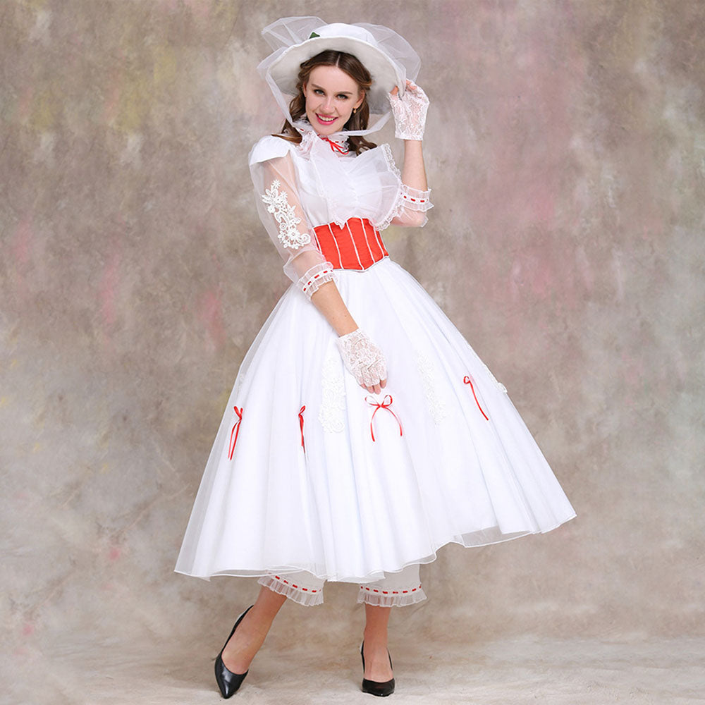 Movie Mary Poppins Costume Mary Poppins Cosplay White Dress with Hat Women Halloween