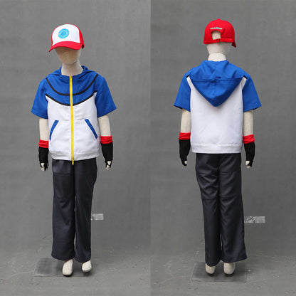 Anime Pokemon Costume Trainer Ash Ketchum Short Sleeves Cosplay Suit with Accessories for Men and Kids