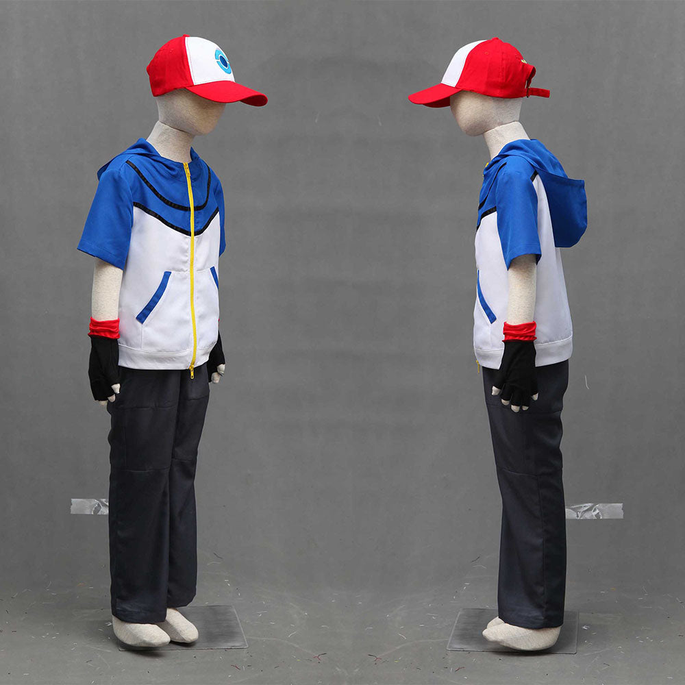 Men and Kids Anime Pokemon Costume Trainer Ash Ketchum Short Sleeves Cosplay Suit with Accessories