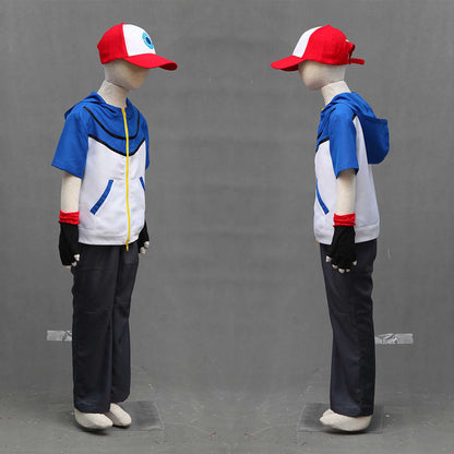 Men and Kids Anime Pokemon Costume Trainer Ash Ketchum Short Sleeves Cosplay Suit with Accessories