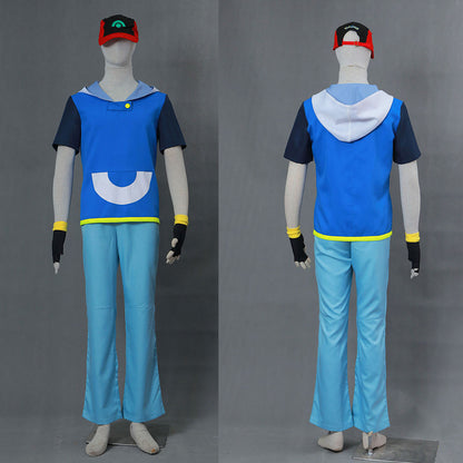 Men and Kids Anime Pokemon Costume Trainer Ash Ketchum Short Sleeves Cosplay Suit with Hat