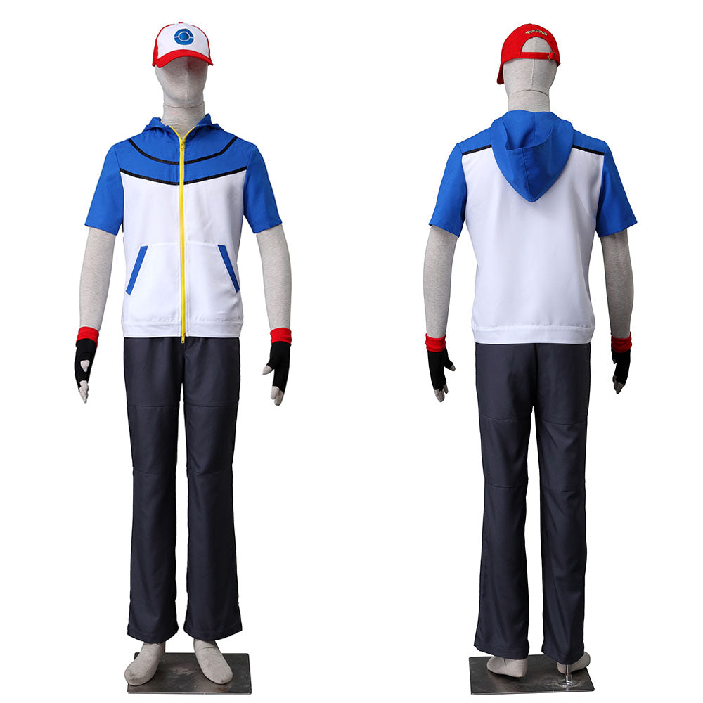 Men and Kids Anime Pokemon Costume Trainer Ash Ketchum Short Sleeves Cosplay Suit with Accessories