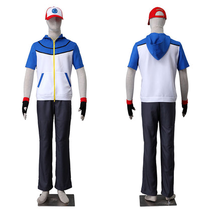 Men and Kids Anime Pokemon Costume Trainer Ash Ketchum Short Sleeves Cosplay Suit with Accessories