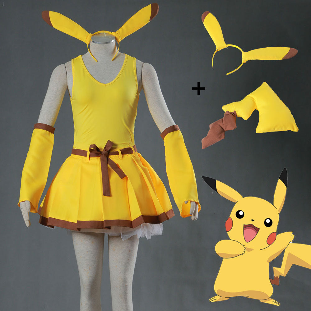 Anime Pokemon Costume Pikachu Cosplay full outfit with Accessories for Women and Kids