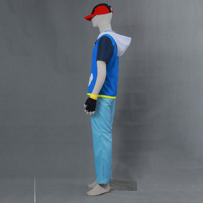 Men and Kids Anime Pokemon Costume Trainer Ash Ketchum Short Sleeves Cosplay Suit with Hat