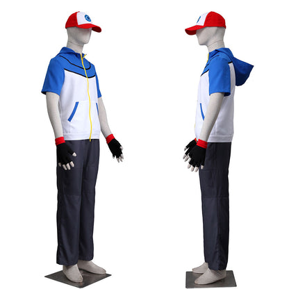 Anime Pokemon Costume Trainer Ash Ketchum Short Sleeves Cosplay Suit with Accessories for Men and Kids
