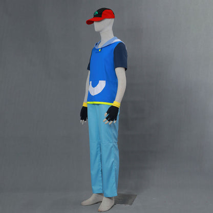 Men and Kids Anime Pokemon Costume Trainer Ash Ketchum Short Sleeves Cosplay Suit with Hat