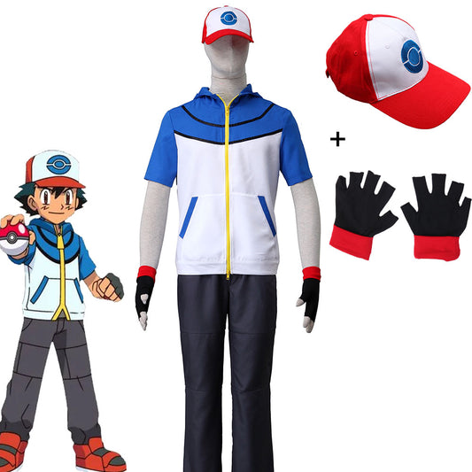 Anime Pokemon Costume Trainer Ash Ketchum Short Sleeves Cosplay Suit with Accessories for Men and Kids
