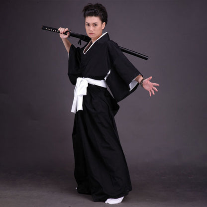 Anime Soul Warrior Black Robe White Sash Sword Fighter Cosplay Costume for Men Kids