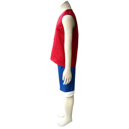 Anime Rubber Pirate Captain Red Vest Costume Outfit with Straw Hat for Men Kids