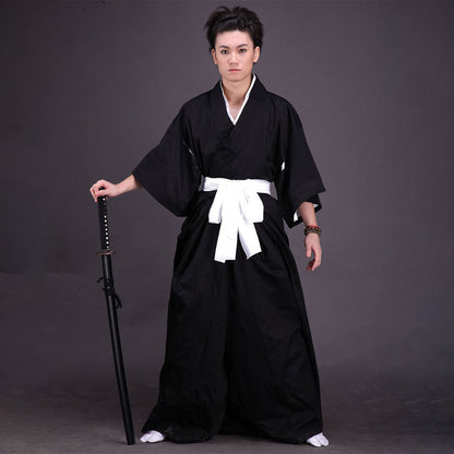 Anime Soul Warrior Black Robe White Sash Sword Fighter Cosplay Costume for Men Kids