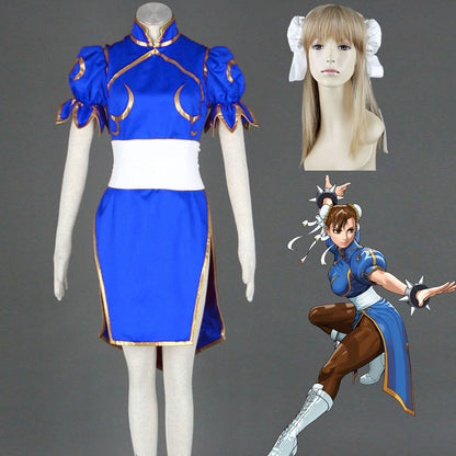 Game Street Fighter Costumes Chunli Blue Cosplay outfit with Accessories Women and Kids Halloween