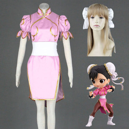 Game Street Fighter Costumes Chunli Pink Cosplay outfit with Accessories Women and Kids Halloween