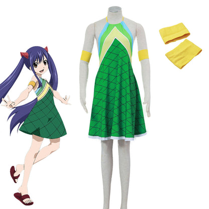 Anime Fairy Tail Wendy Marvell Cosplay Costume Green Dress Women Kids Halloween