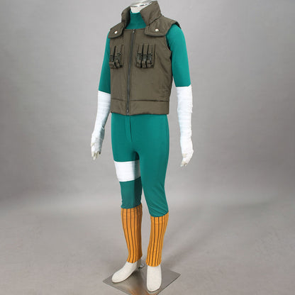Anime Bowl Cut Taijutsu Combat Ninja Cosplay Green Jumpsuit Outfit Costume Men Kids