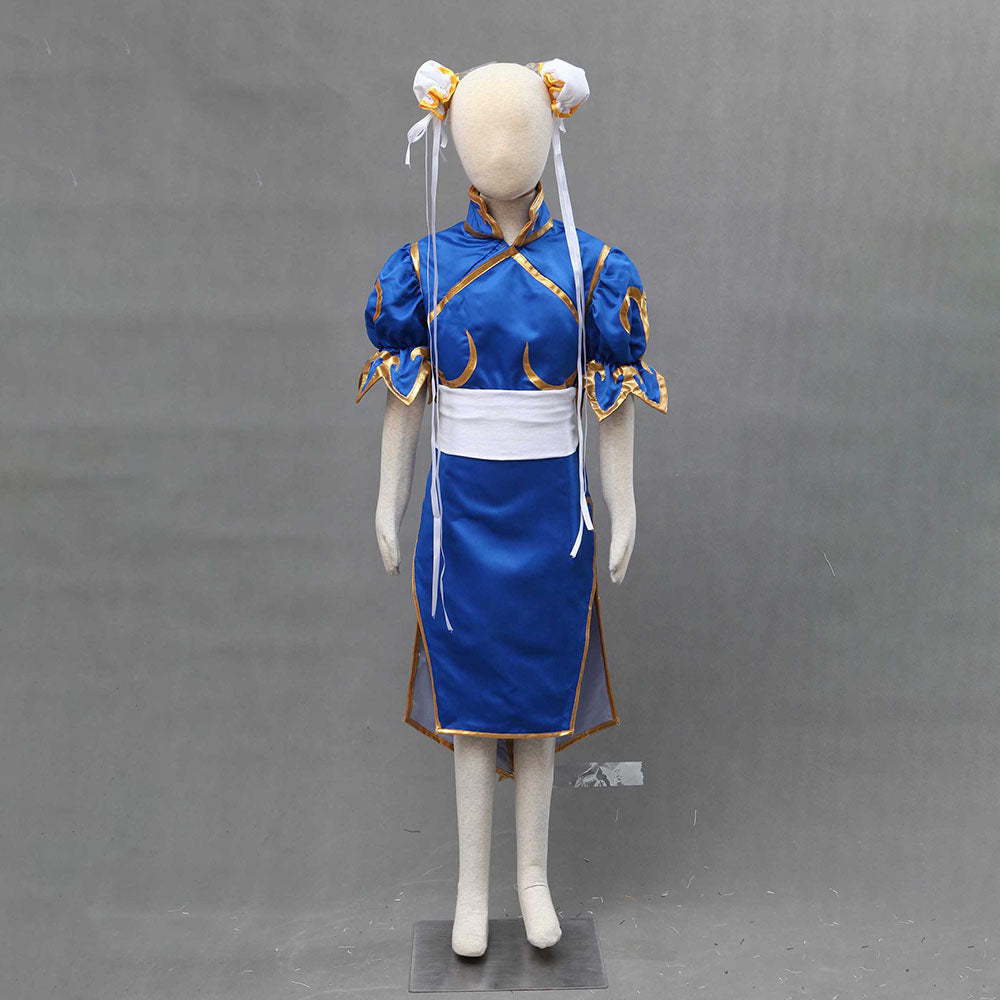 Game Street Fighter Costumes Chunli Blue Cosplay outfit with Bracelet Accessories Women and Kids Halloween