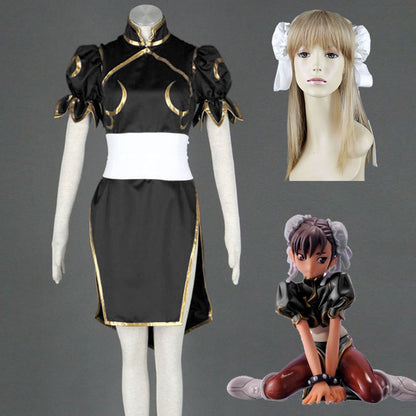 Game Street Fighter Costumes Chunli Black Cosplay outfit with Accessories Women and Kids Halloween
