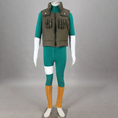 Anime Bowl Cut Taijutsu Combat Ninja Cosplay Green Jumpsuit Outfit Costume Men Kids