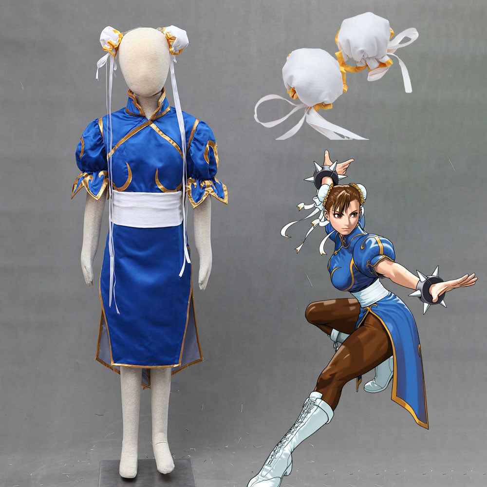 Game Street Fighter Costumes Chunli Blue Cosplay outfit with Accessories Kids and Women Halloween