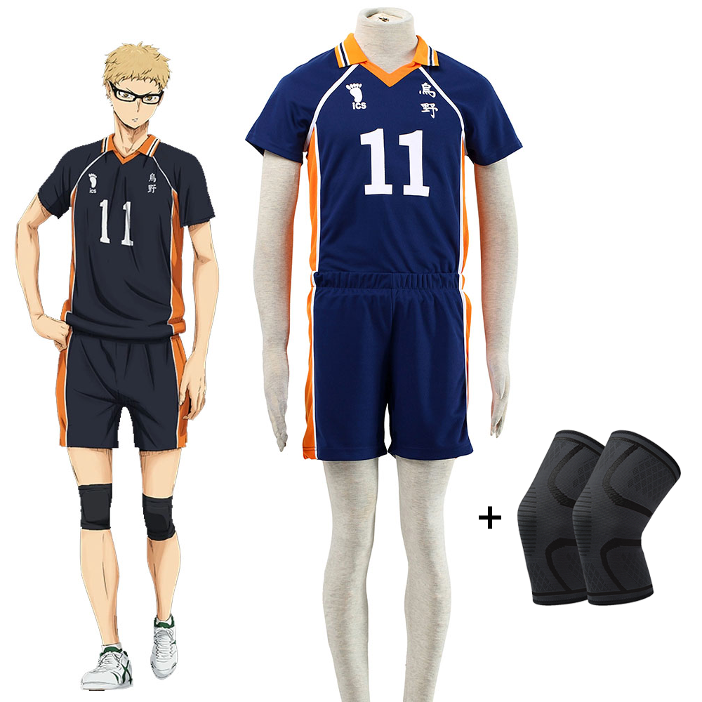 Haikyuu!! Costume Kei Tsukishima Number #11 Karasuno High School Volleyball Uniform with Knee pads