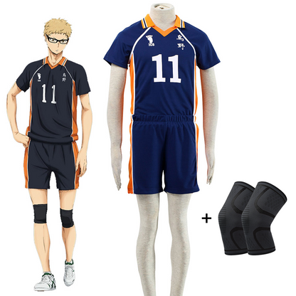 Haikyuu!! Costume Kei Tsukishima Number #11 Karasuno High School Volleyball Uniform with Knee pads
