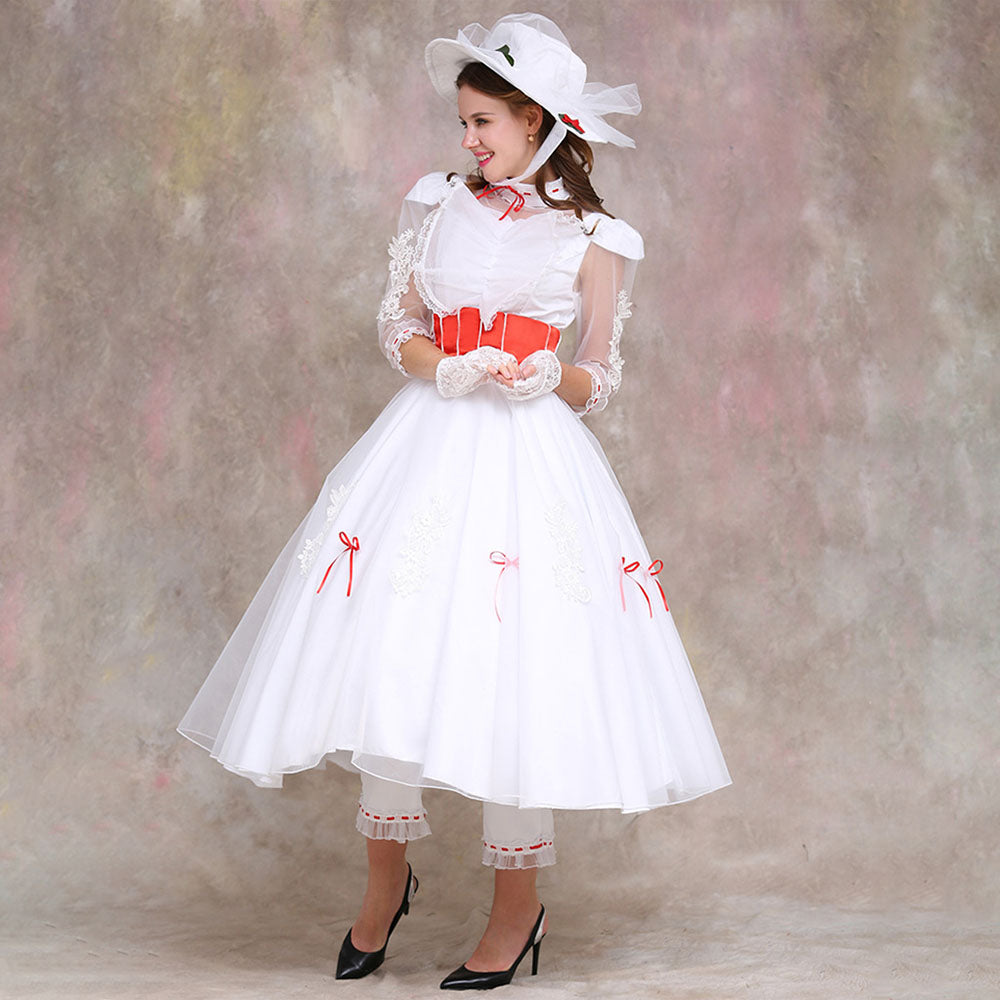 Movie Mary Poppins Costume Mary Poppins Cosplay White Dress with Hat Women Halloween