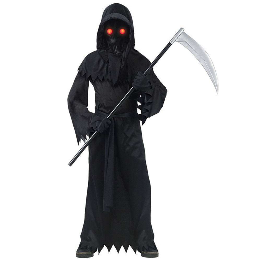 Halloween Costumes Grim Reaper Death Cosplay Red Laser Eye with Death Sickle for Kids Adults Unisex