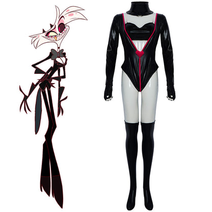 Hazbin Hotel Angel Dust Cosplay Costume Black Leather Jumpsuit Outfit for Women Halloween