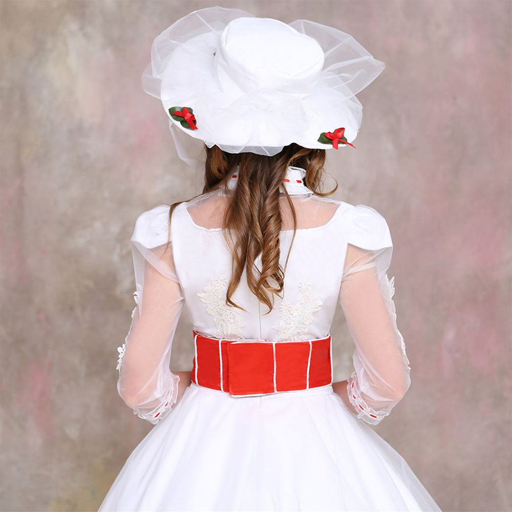 Movie Mary Poppins Costume Mary Poppins Cosplay White Dress with Hat Women Halloween