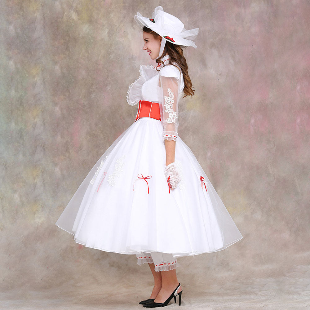 Movie Mary Poppins Costume Mary Poppins Cosplay White Dress with Hat Women Halloween