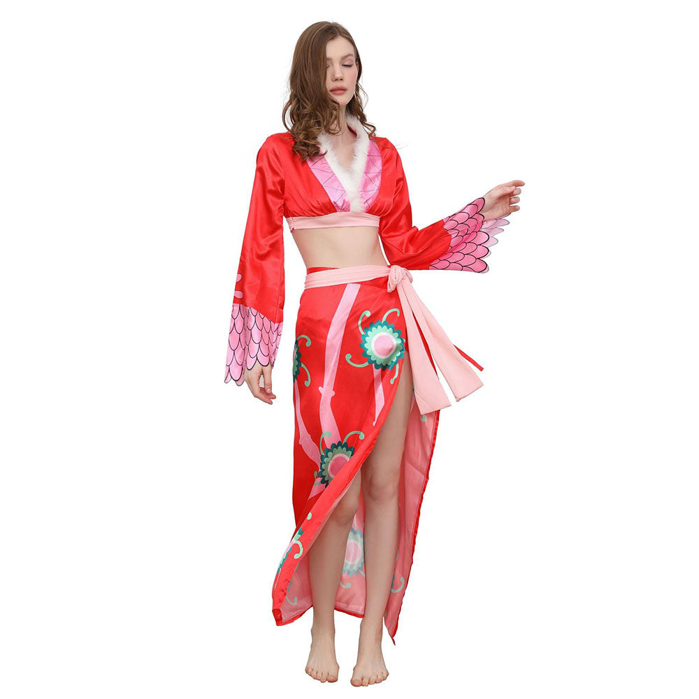 One Piece Boa Hancock Cosplay Costume 2PCS Red Dress with Earrings