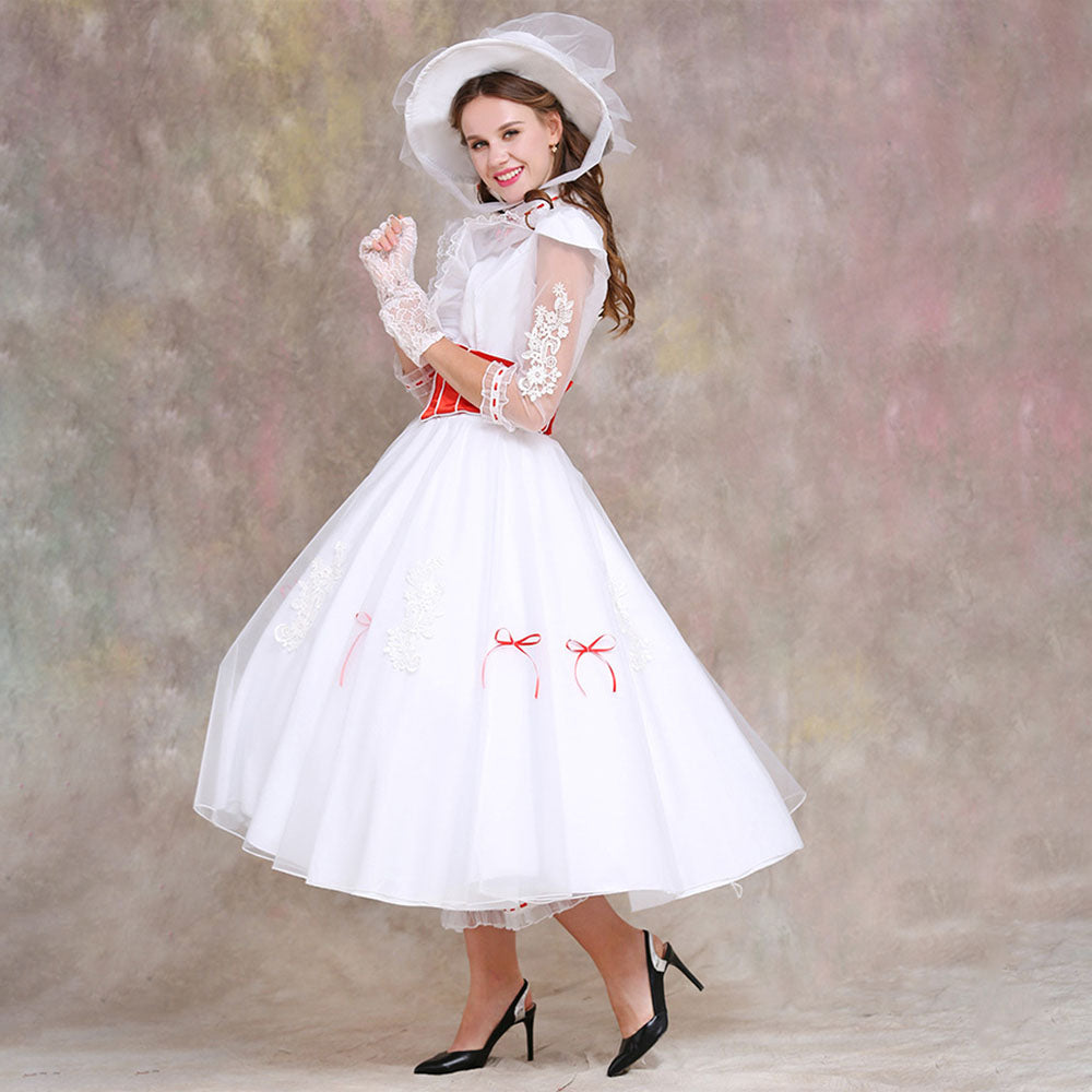 Movie Mary Poppins Costume Mary Poppins Cosplay White Dress with Hat Women Halloween