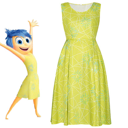Inside Out Costume Joy Cosplay Yellow Dress for Women and Kids