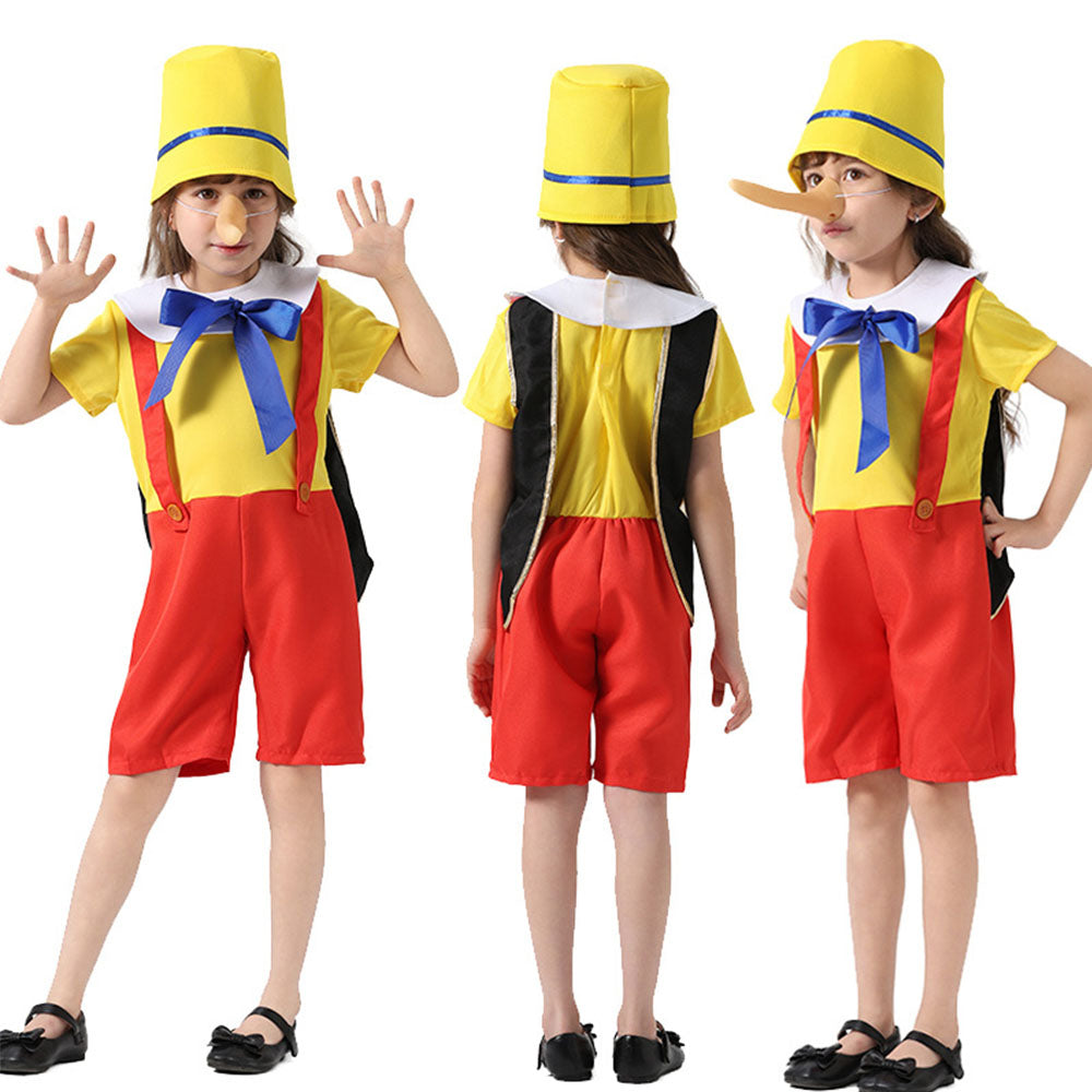 Pinocchio Costume Cosplay Full Outfit with Nose Hat for Kids Halloween