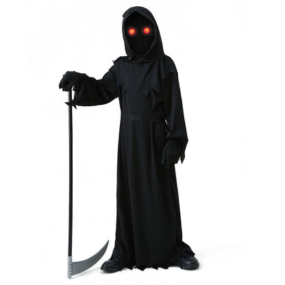 Halloween Costumes Grim Reaper Death Cosplay Red Laser Eye with Death Sickle for Kids Adults Unisex