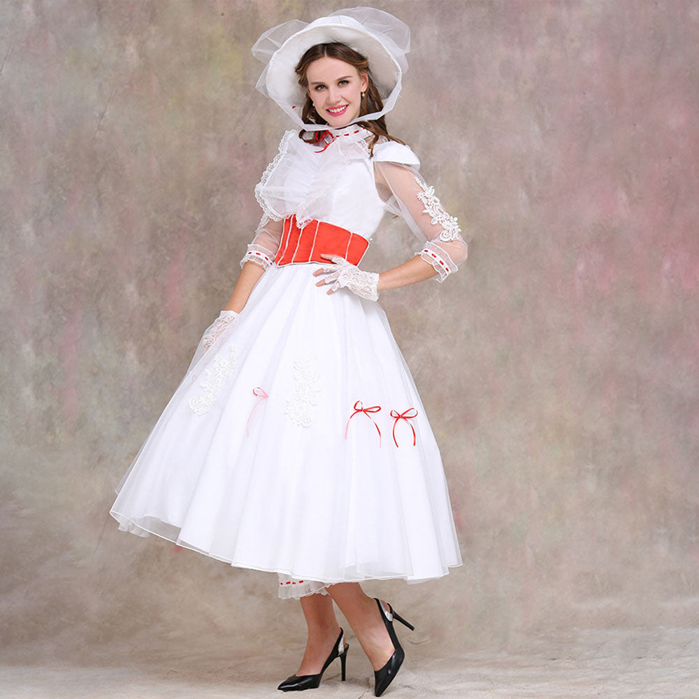 Movie Mary Poppins Costume Mary Poppins Cosplay White Dress with Hat Women Halloween