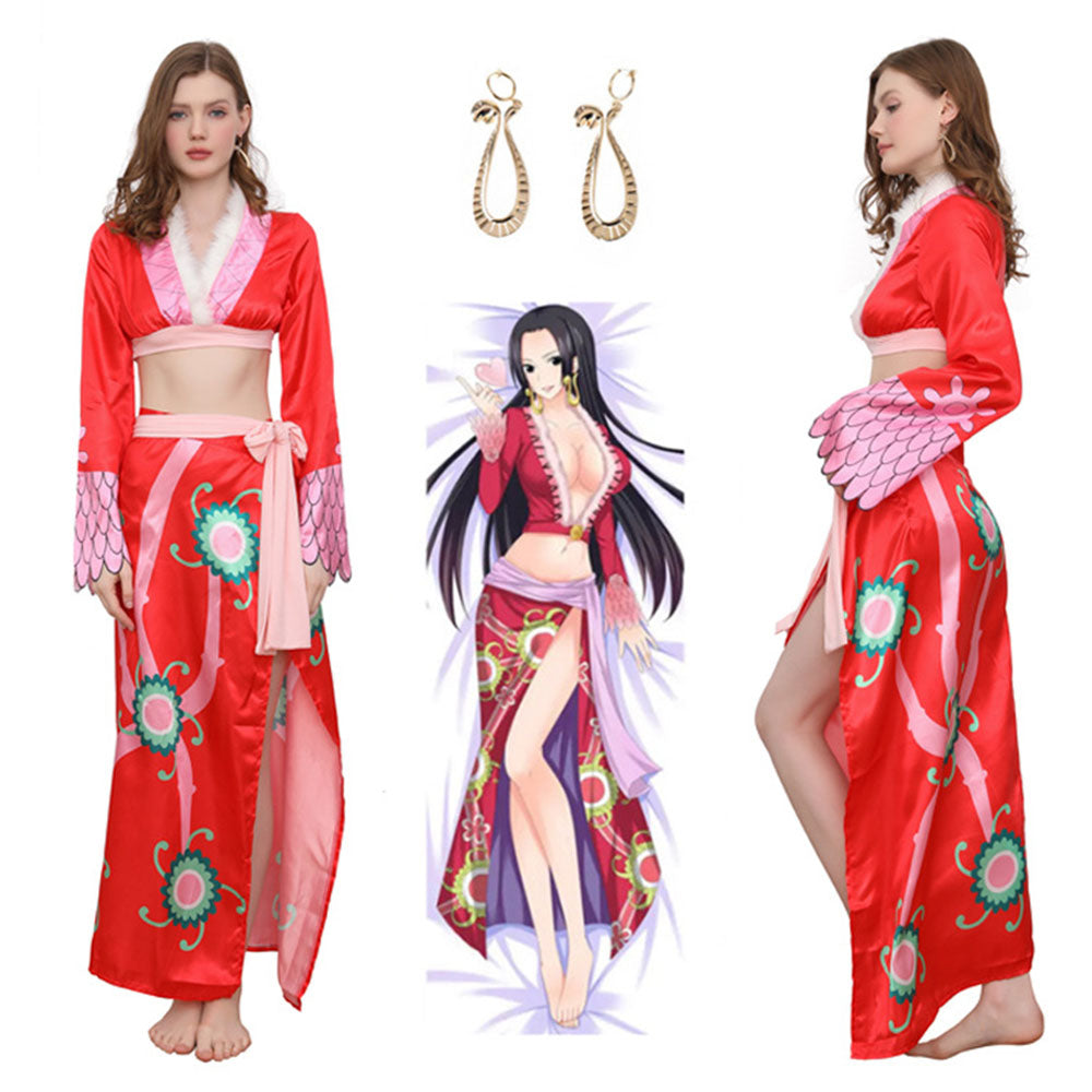 One Piece Boa Hancock Cosplay Costume 2PCS Red Dress with Earrings