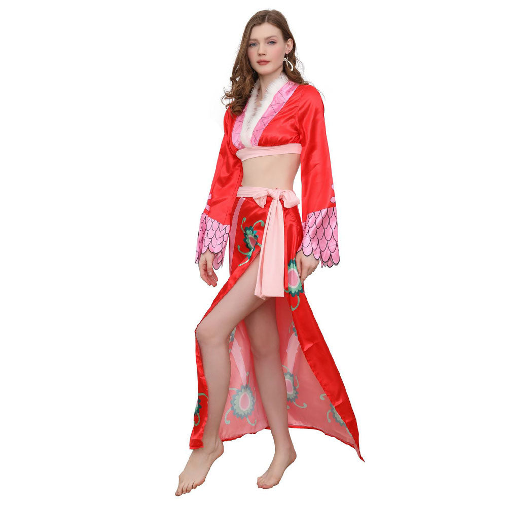 One Piece Boa Hancock Cosplay Costume 2PCS Red Dress with Earrings