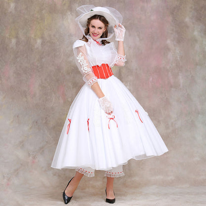 Movie Mary Poppins Costume Mary Poppins Cosplay White Dress with Hat Women Halloween