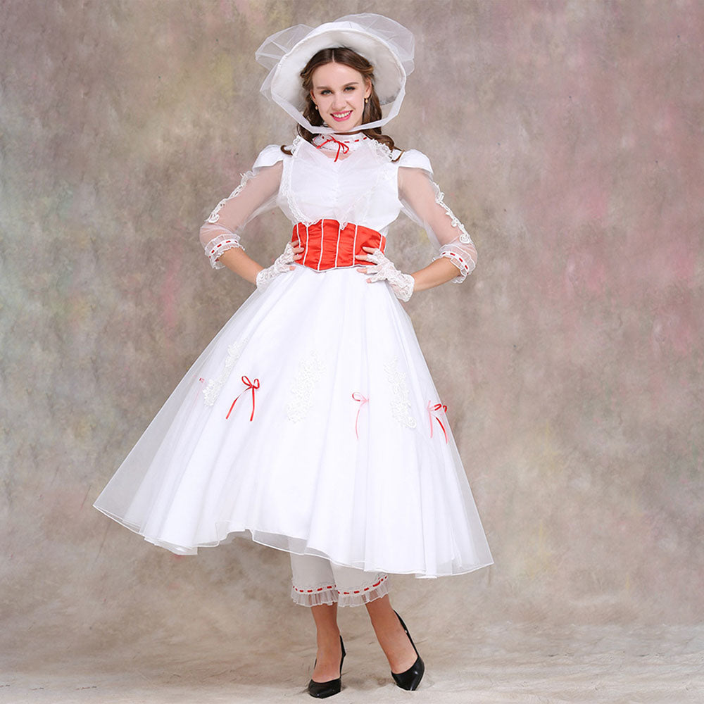 Movie Mary Poppins Costume Mary Poppins Cosplay White Dress with Hat Women Halloween