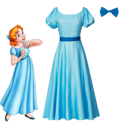Movie Peter Pan and Wendy Costume Wendy Cosplay Blue Dress with Headdress Women Halloween